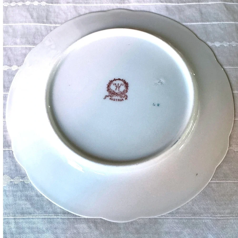 Antique Austria Porcelain Salad Plate Pink Rose Teal Gold Filigree Scalloped